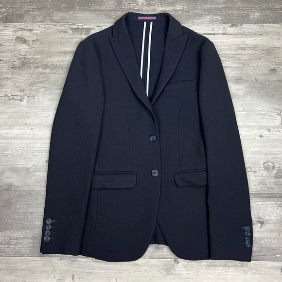 Louis Philippe Navy Blue Check Slim Unstructured Sport Coat 36R